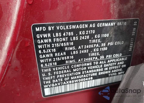 2011 Volkswagen Tiguan S из США, поврежденный, VIN WVGAV7AX8BW000446